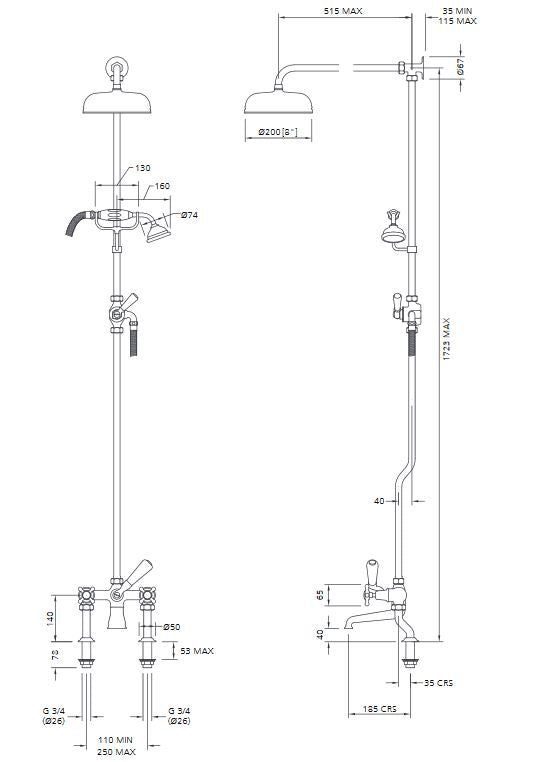 Lefroy Brooks Connaught Exposed Bath Shower Mixer & 200mm Shower Rose (choose finish)