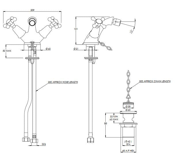 Lefroy Brooks Connaught Monobloc Bidet Mixer With Plug & Chain Waste (choose finish)