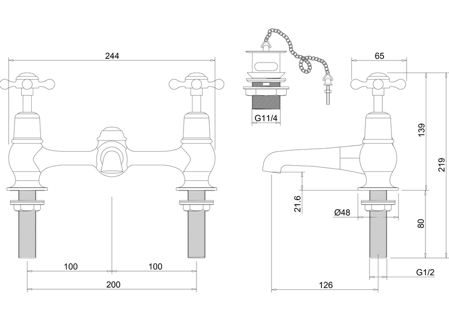 Burlington Claremont Regent 2TH Bridge Swivel Spout Mixer With Plug & Chain Waste - Black Handle