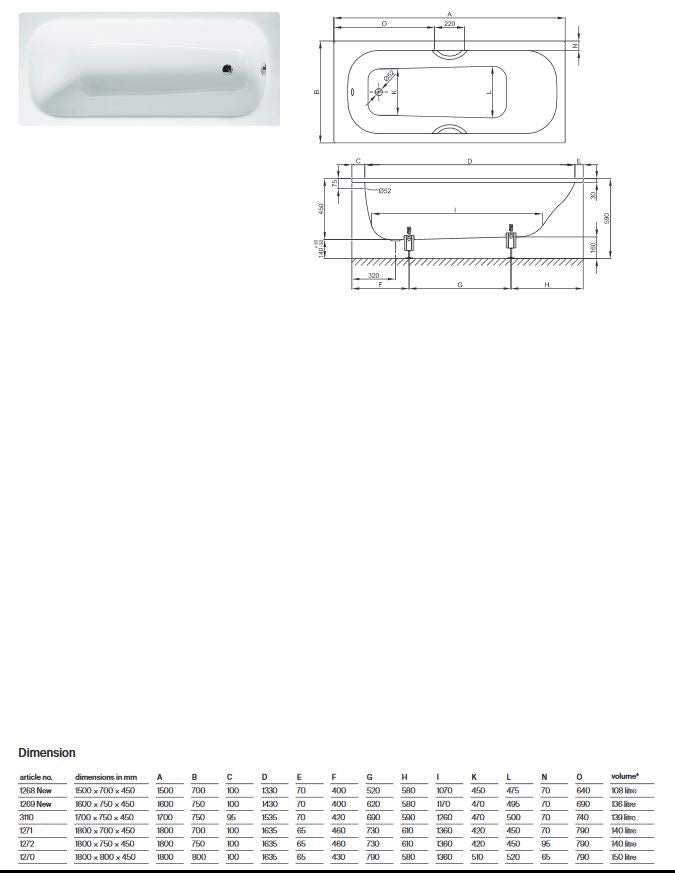 Bette Classic 1800 X 700mm Super Deep White Steel Bath