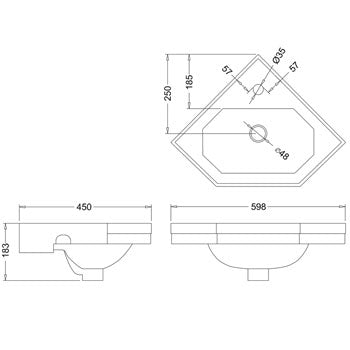 Burlington Edwardian 598 x 450 Corner Basin 1 Tap Hole