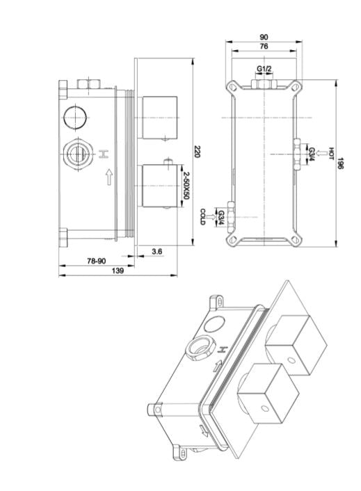 Square Chrome Concealed Shower Valve 1 outlet