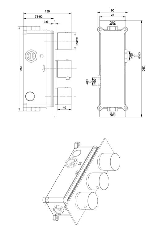 Lever Chrome Concealed Shower Valve 2 outlet
