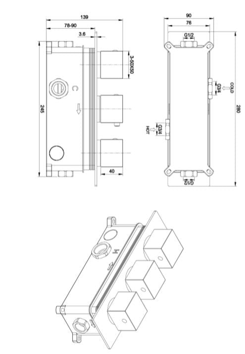 Square Chrome Concealed Shower Valve 2 outlet