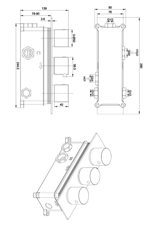 Lever Chrome Concealed Shower Valve 3 outlet