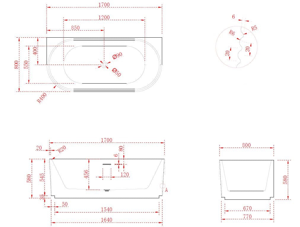 Luxe Derby 1700 Back To Wall freestanding Matt Acrylic Bath