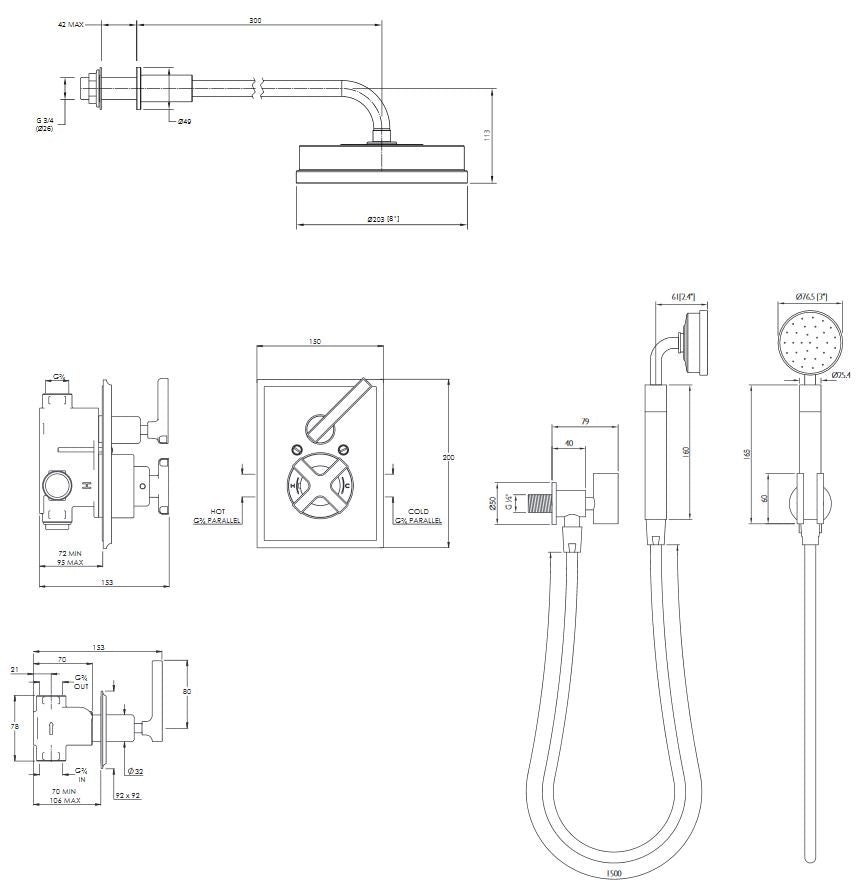 Lefroy Brooks Fifth Concealed Thermostatic Shower Valve With 8" Rose, Hand Shower & Shower Kit DP8716AG Antique Gold