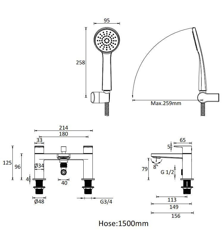 Drift Chrome Deck Mounted Bath Shower Mixer w/ 2 Tap Holes