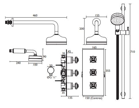 Dawlish Concealed Valve, Twin Stopcocks, Deluxe Fixed Head