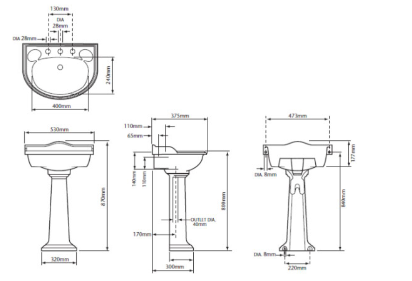 Heritage Dorchester 530 x 375 Cloakroom Basin w/ 2 Tap Holes