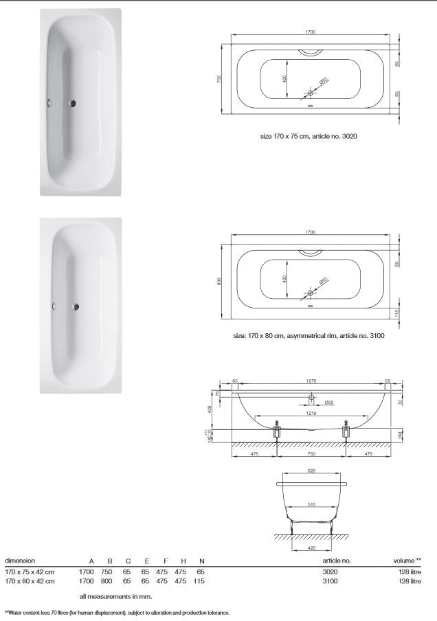 Bette Duett 1700 X 800mm Double Ended White Steel Bath