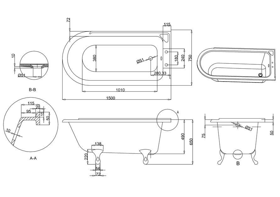 Hampton Showering 150cm Bath Right With White Classical Legs
