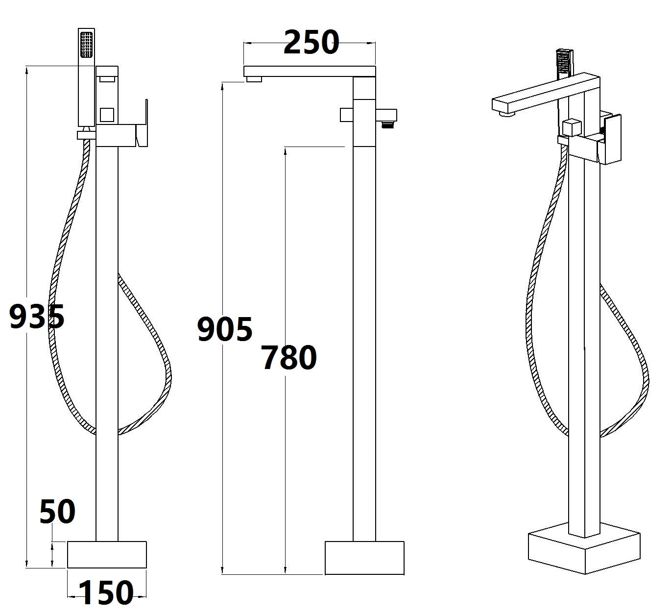Square Chrome Floor Bath Shower Mixer w/Hose and Handset