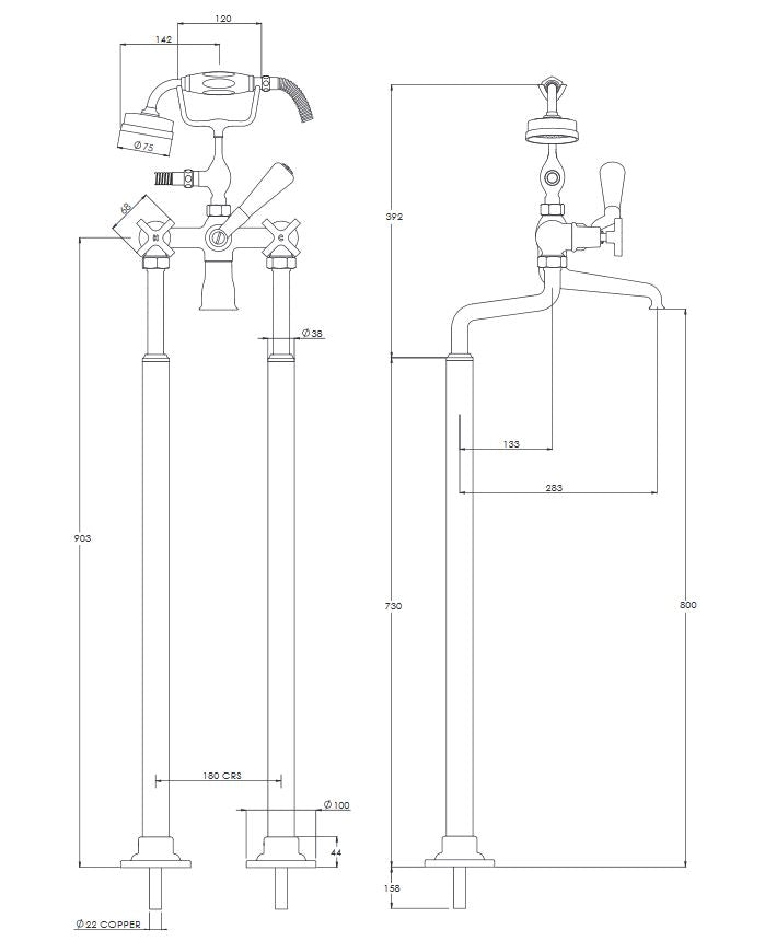 Lefroy Brooks Mackintosh Bath Shower Mixer With Standpipes & Extended Cranked Legs - Silver Nickel