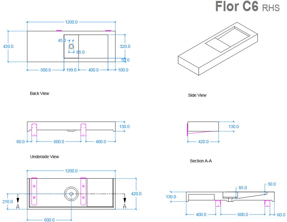 Kast Flor Basin 1200mm x 420mm (choose handing/colour)