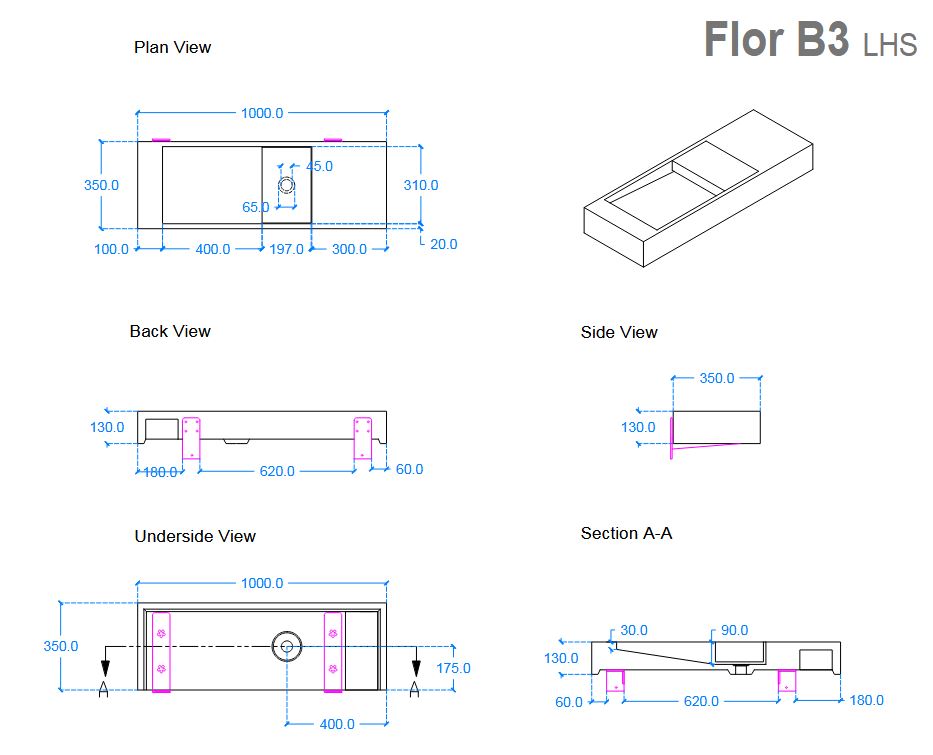 Kast Flor 1000 x 350mm Rectangular Concrete Left Hand Basin