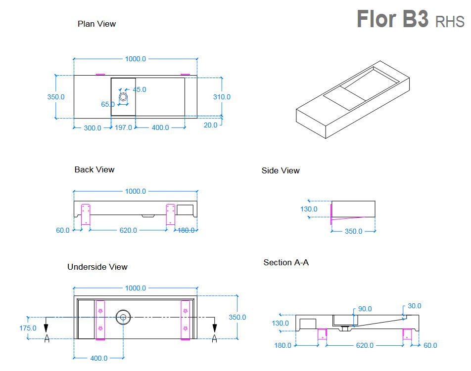 Kast Flor Right Hand Basin 1000mm x 350mm (choose colour)