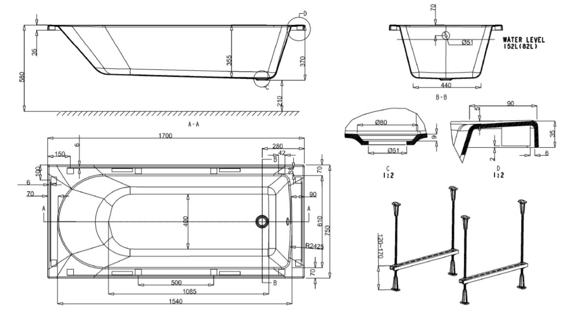 Crosswater Flow Single Ended 1700 x 750mm Acrylic Single Ended Bath