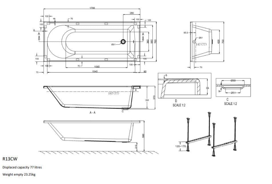 Flow Single Ended 1700 x 700mm Acrylic Single Ended Bath