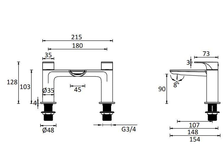 Fuse Deck mounted Bath Filler w/ 2 Tap Holes Brushed Brass