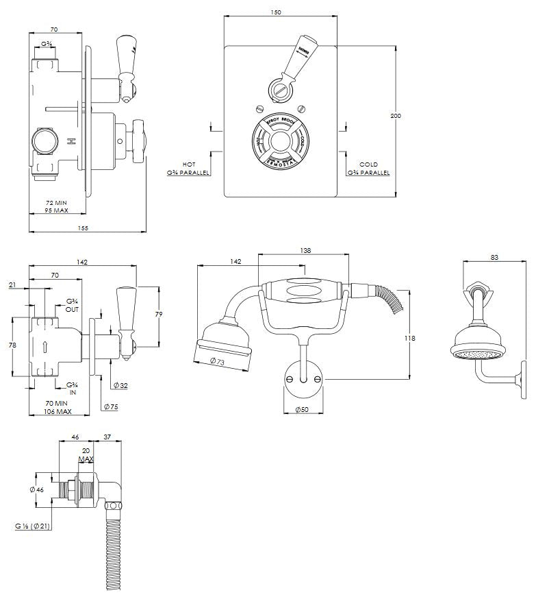 Lefroy Brooks Godolphin Concealed Thermostatic Shower Valve With Handset & Shower Kit GD8712 (choose finish)