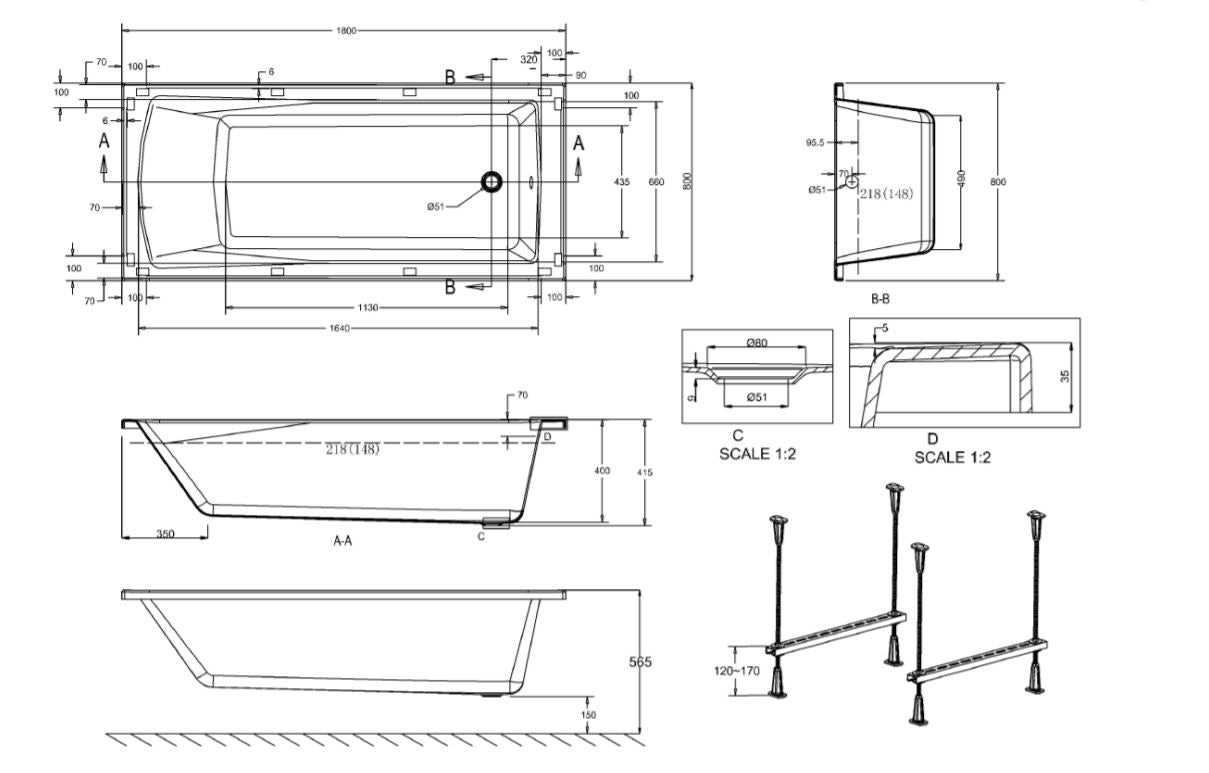 KAI S Single Ended Bath 1800 x 800mm