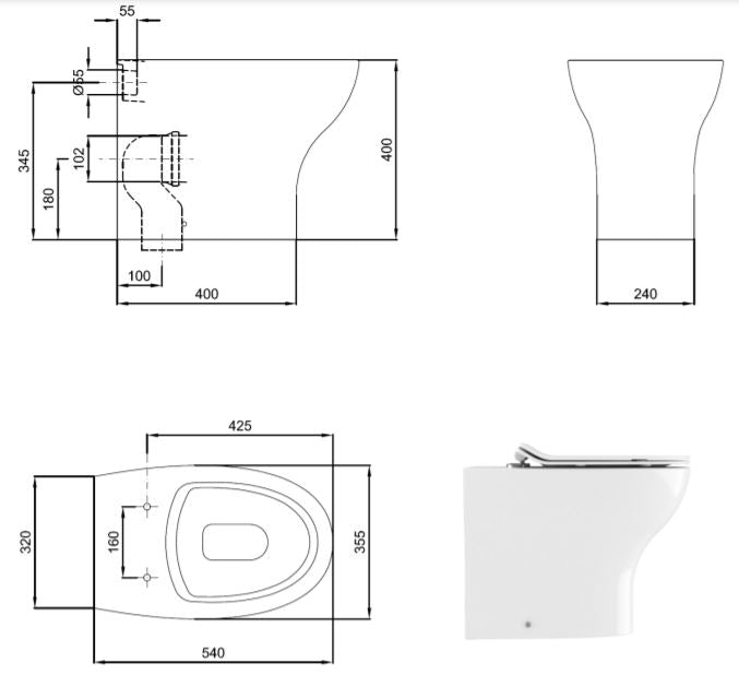 Crosswater Kai Back to Wall Rimless Pan - Gloss White