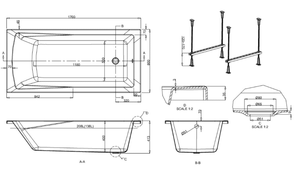 Crosswater KAI S Single Ended Bath 1700 x 800mm