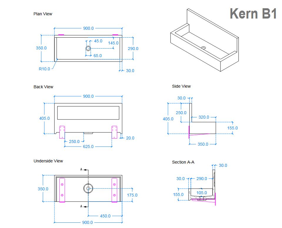Kast Kern Basin 900 x 350mm (Choose Colour)