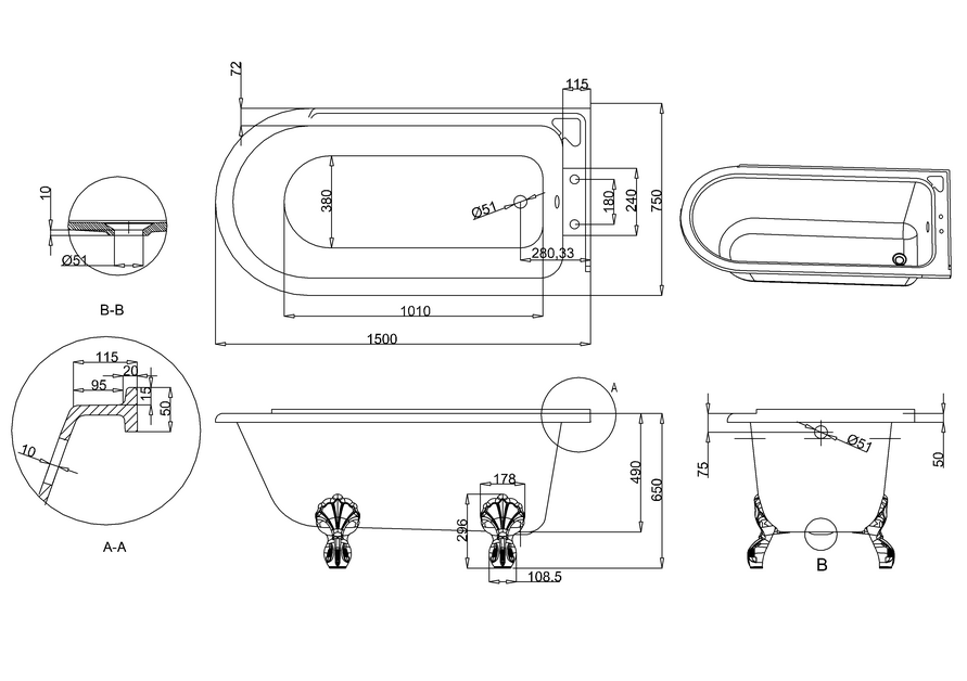 Hampton Showering 150cm Bath Right Hand w/ Luxury Claw legs