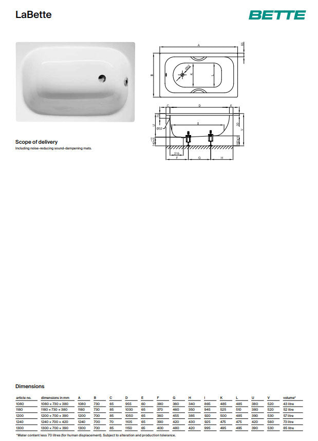Bette Labette 1240 X 700mm White Steel Bath No Tap Hole