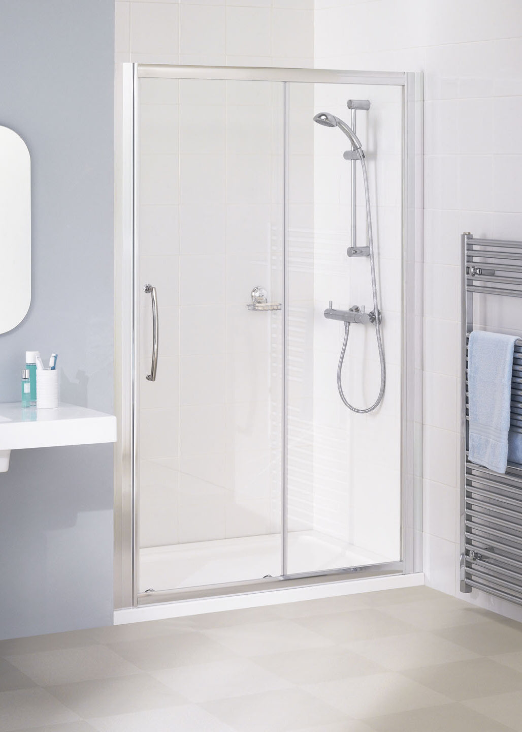 Lakes Semi Frameless 1000mm Sliding Shower Door Silver Frame Clear Glass 6mm