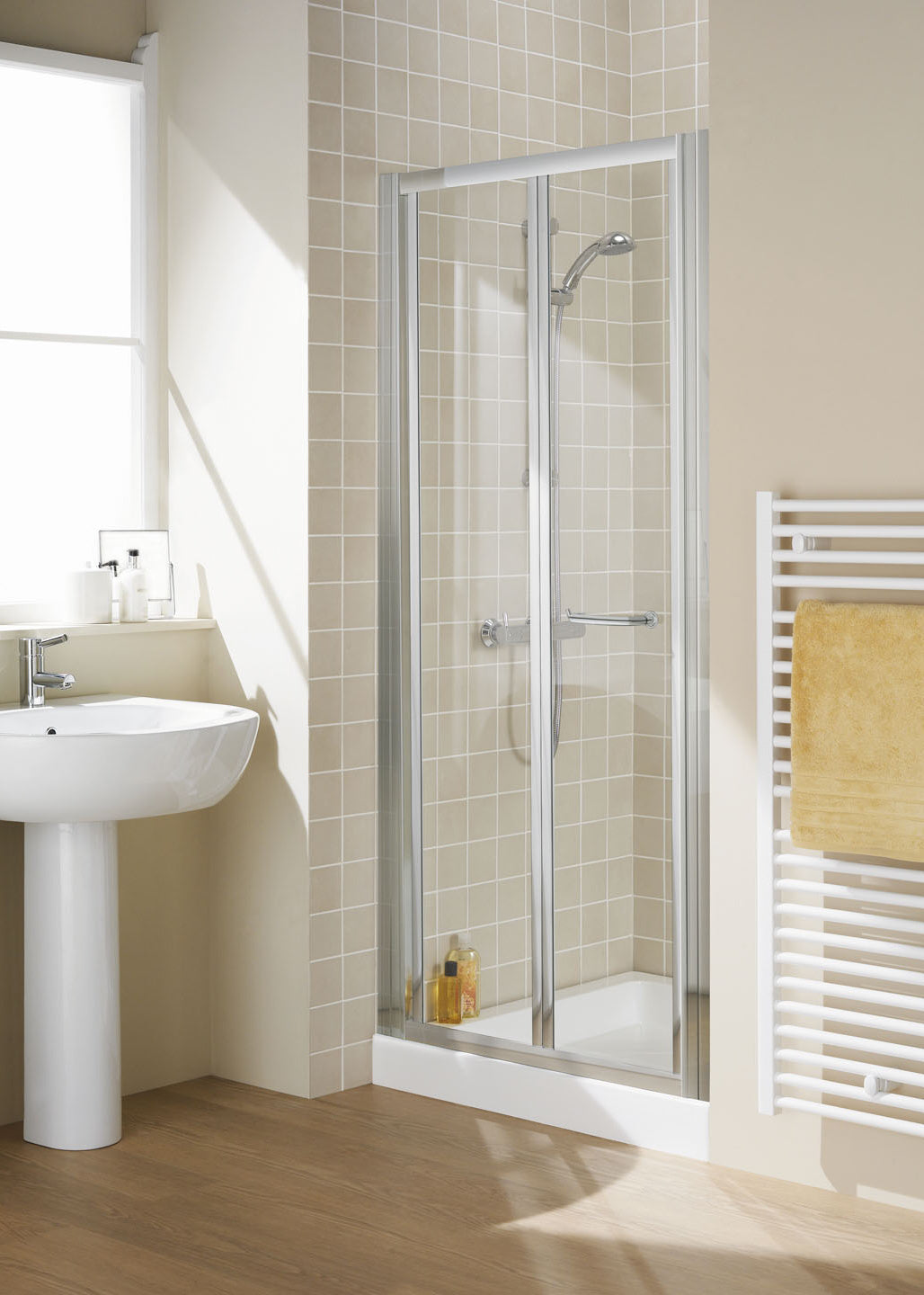 Lakes Semi Framless 700mm Bi Fold Shower Door Silver Frame Clear Glass 6mm
