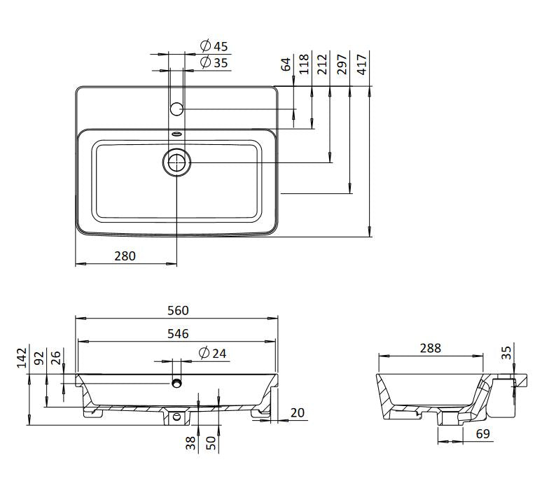Crosswater Libra 56x42 Semi Recessed Basin 1TH