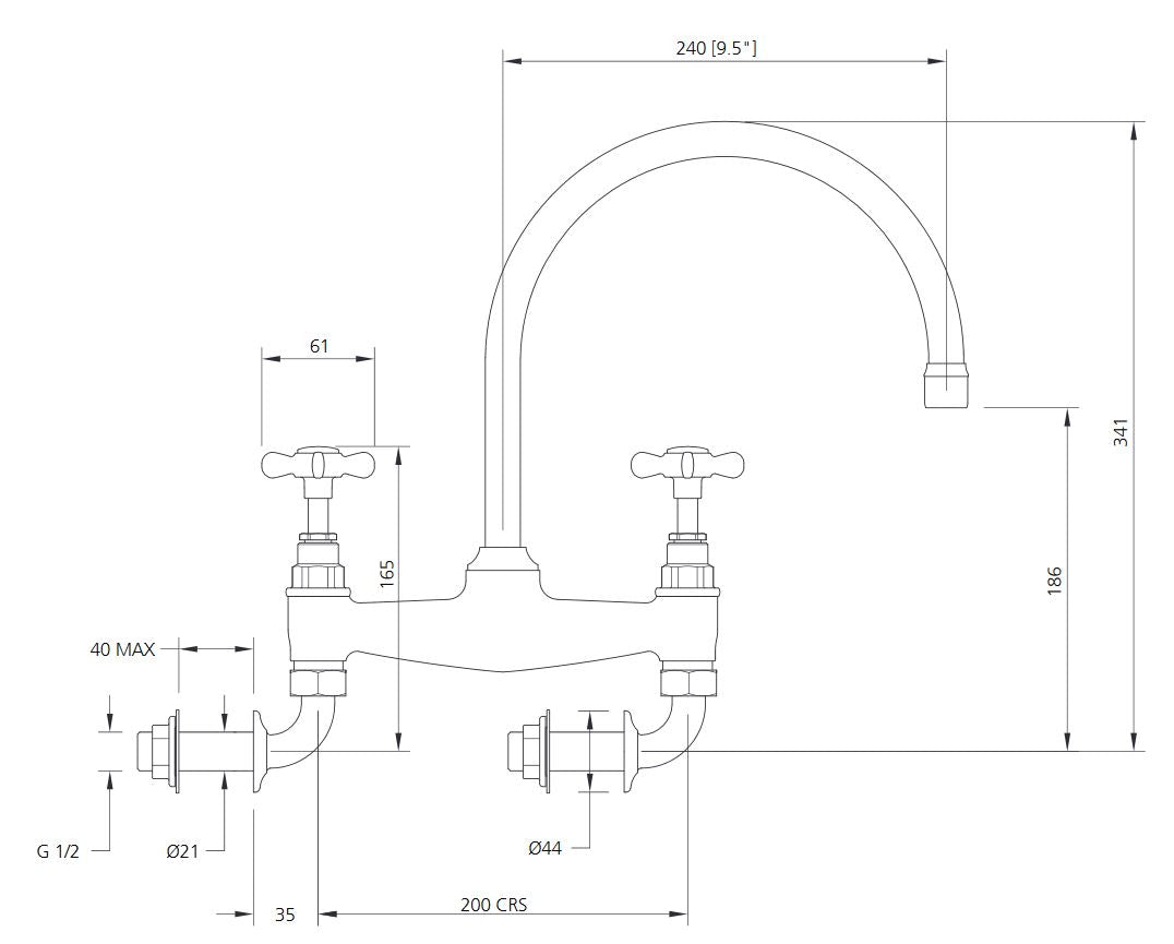 Lefroy Brooks Classic Wall Mounted Bridge Kitchen Sink Mixer (choose finish)