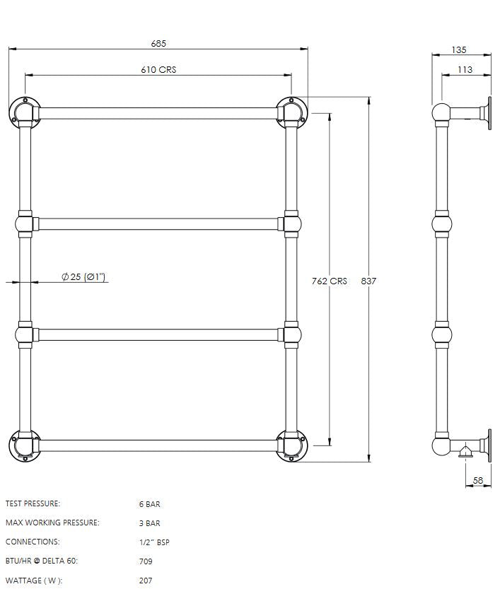 Lefroy Brooks Classic Wall Mounted Ball Jointed Heated Towel Rail (838Hx686W) - Silver Nickel