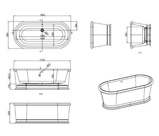 Burlington London 1800 x 850mm Round Freestanding Roll Top Bath