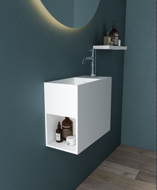 Luxe 450 Wall Mounted Solid Surface Basin With Under Shelf Matt White