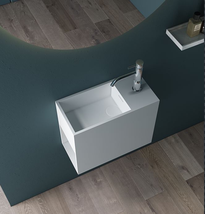Luxe 450 Wall Mounted Solid Surface Basin With Under Shelf Matt White
