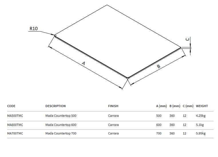 Crosswater Mada 500 x360mm White Marble Effect Work Top