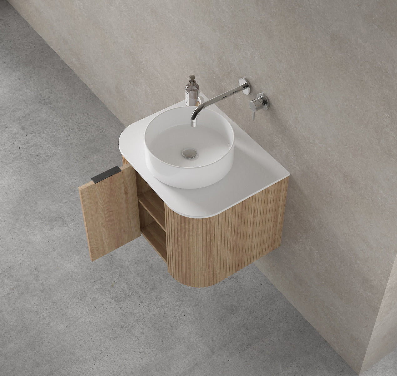 LUXE81 Marloe 600 Oak Cabinet With Carrara Top and Matte Flute Basin