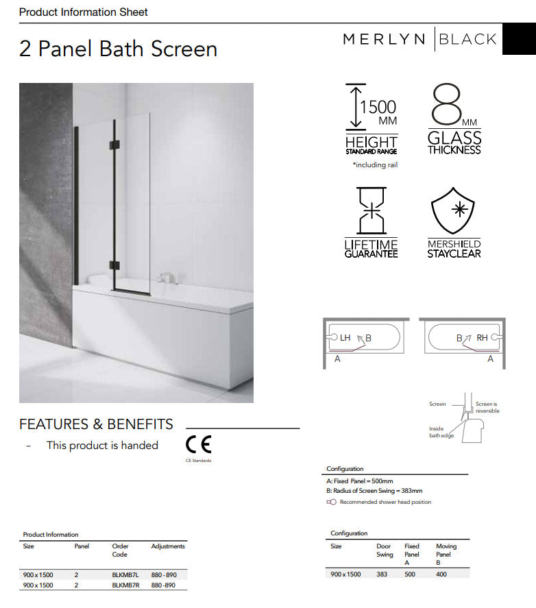 Merlyn Black 2 Panel Hinged Bath Screen Left Handed