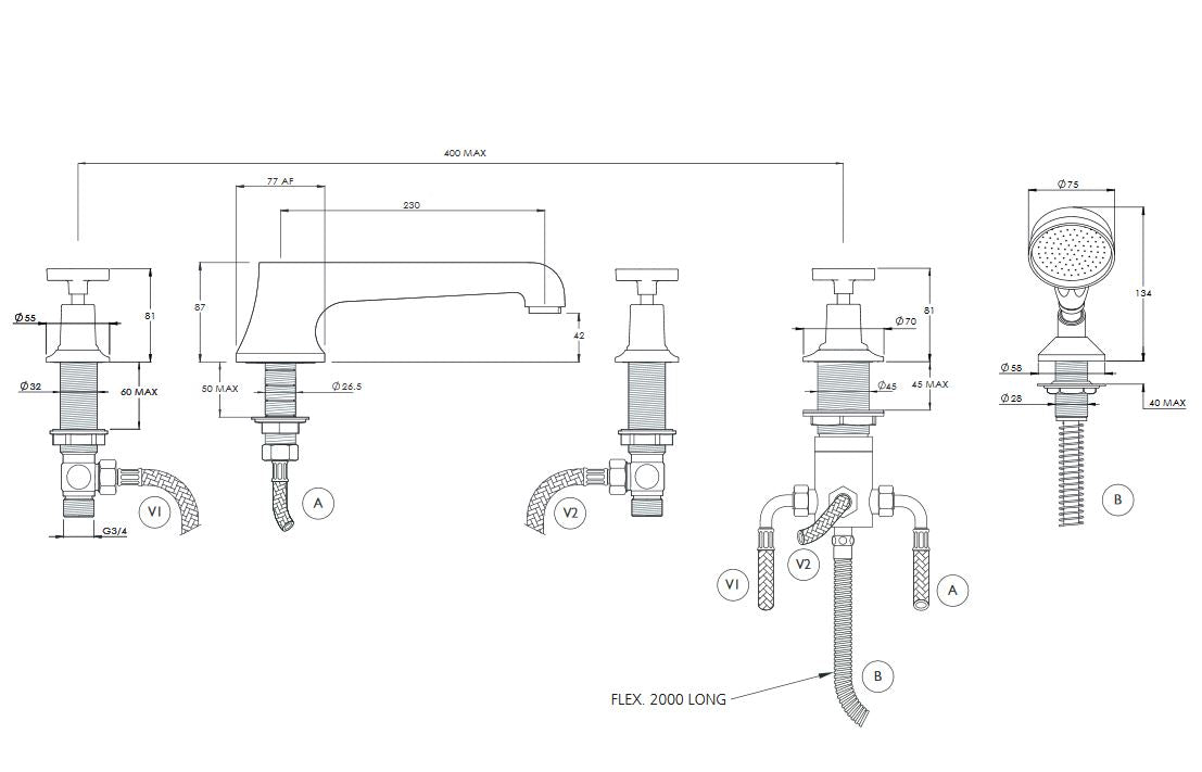 Lefroy Brooks Mackintosh Handle 5 Hole Bath Set with Diverter & Handshower (choose finish)