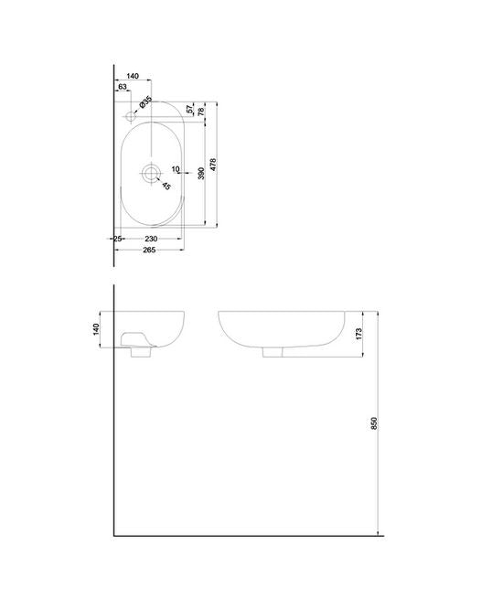 Milan Wall Mounted Cloakroom Washbasin 480mm RH - White
