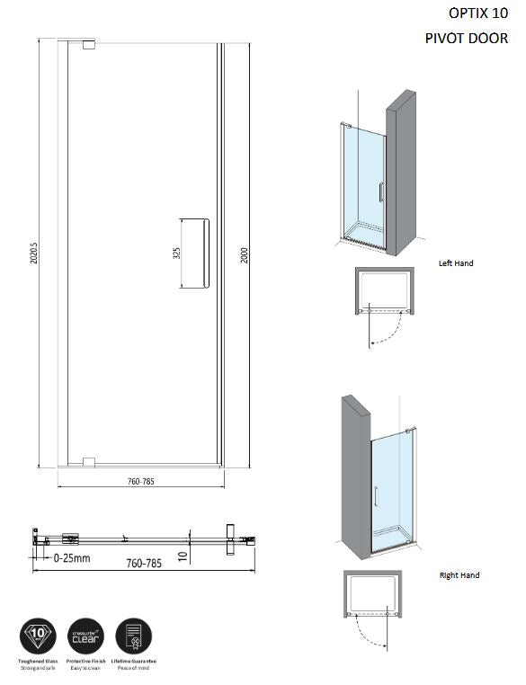 Optix 10 Pivot Door 800mm - Stainless Steel Shower Door