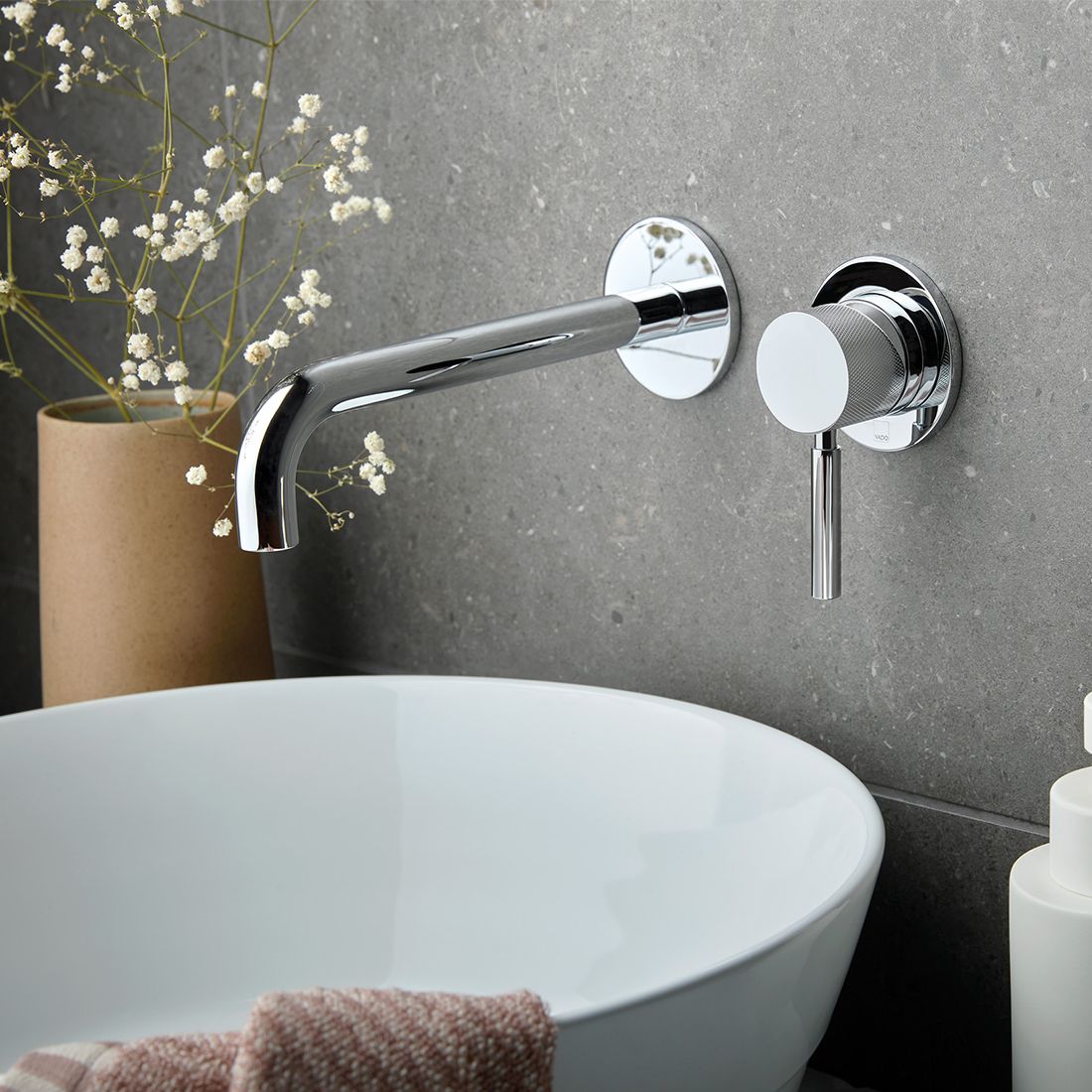 VADO Knurled Accents Slimline Wall Mounted Basin Mixer 180mm Spout