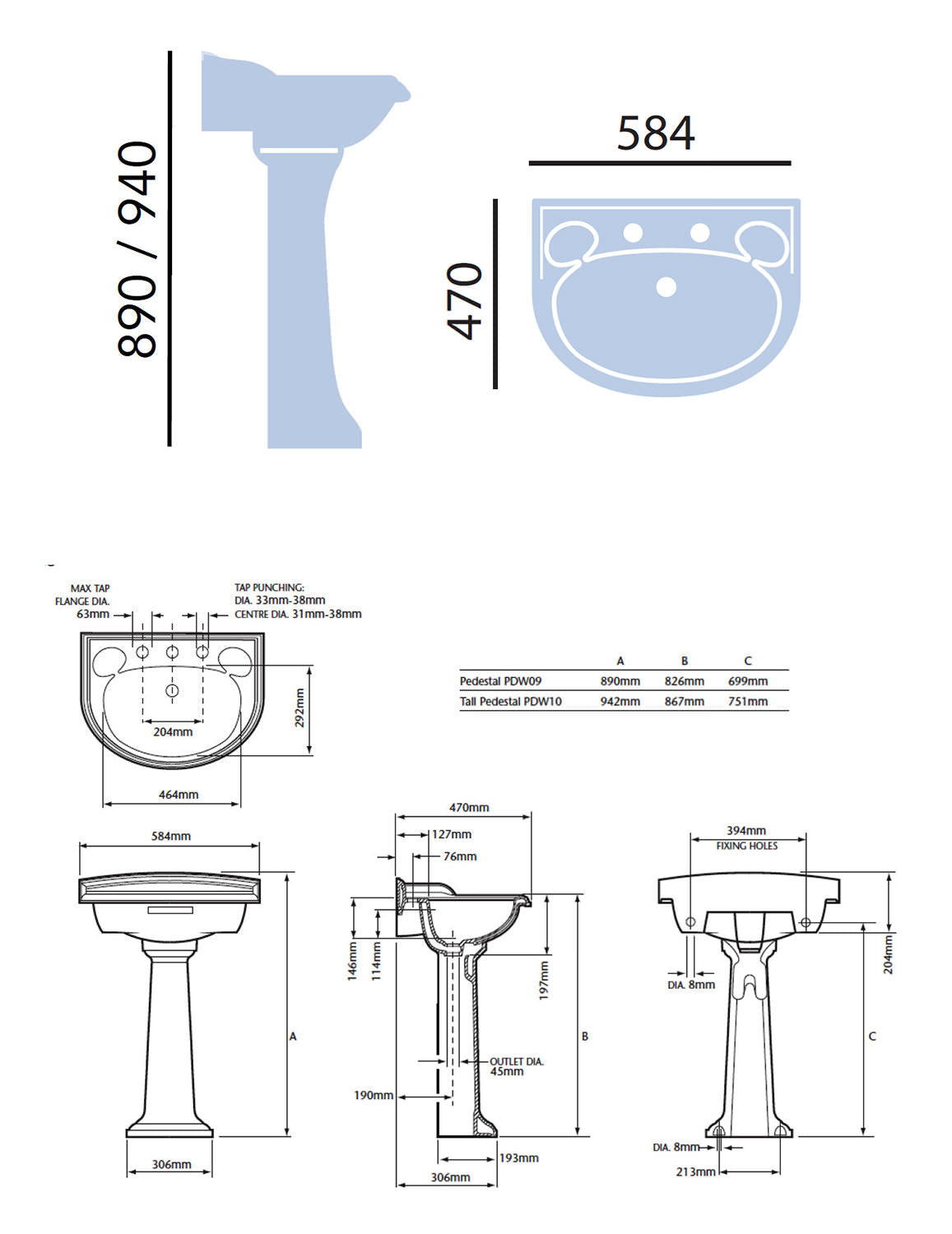 Heritage Dorchester Medium Basin With Full Pedestal 584mm