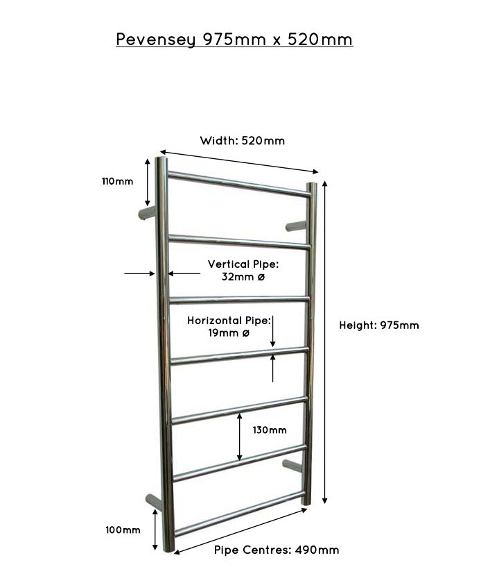 JIS Pevensey 975 x 520mm Stainless Steel Heated Towel Rail