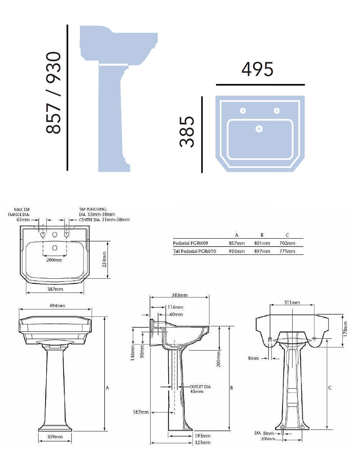 Heritage Granley Cloakroom Basin With Full Pedestal 495mm
