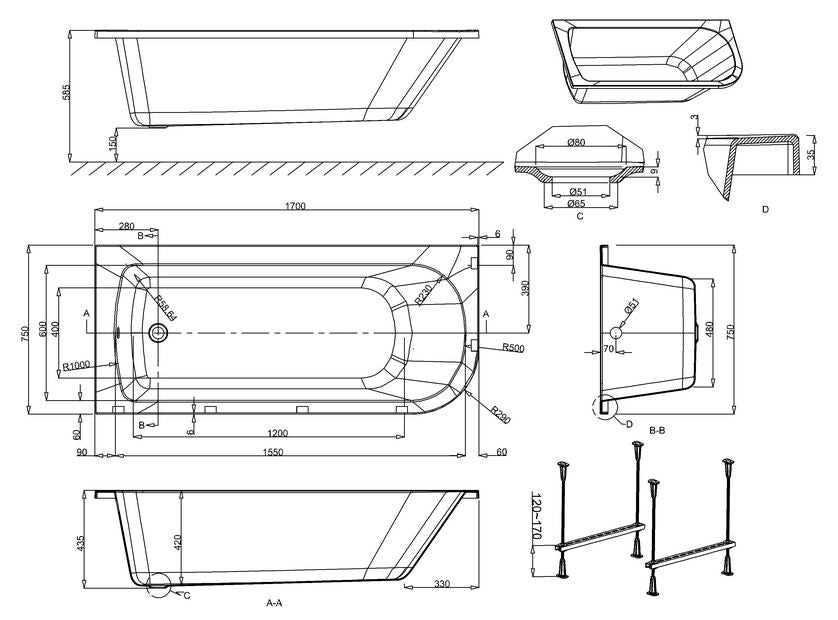 Viride offset Single Ended bath 1700 x 750mm LH White Gloss